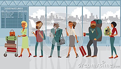 Various people cartoon characters in the airport Vector Illustration