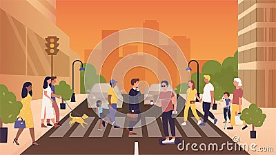 Various people crossing road at crosswalks zebra in modern city at sunset Vector Illustration