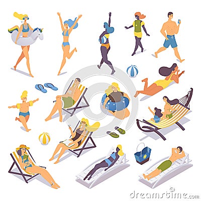 Various people of different age and ethnicity relaxing at beach resort. Isometric collection with smiling happy kids and adults in Stock Photo