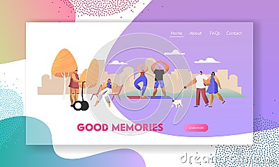 Various People Having Good Day in Public Park Relaxing Openair, Walking with Pet, Sport Exercising, Riding Hoverboard, Relax Vector Illustration