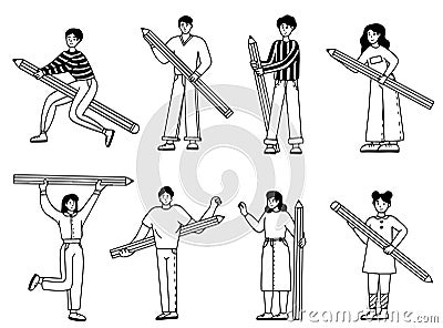 Various people with a large pencil. Vector Illustration