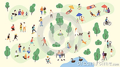 Various people at park performing leisure outdoor activities - playing with ball, walking dog, doing yoga and sports Vector Illustration