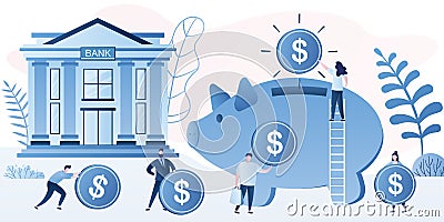 Various People put money in Piggy Bank. Financial stability concept.Bank building on background. Save money banner Vector Illustration