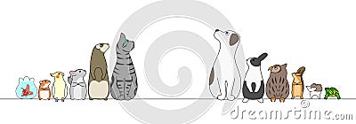 Various pets in a row,looking away Vector Illustration