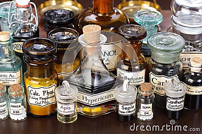 Various pharmacy bottles of homeopathic medicine Stock Photo