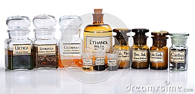 Various pharmacy bottles of homeopathic medicine Stock Photo