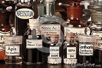 Various pharmacy bottles of homeopathic medicine Stock Photo