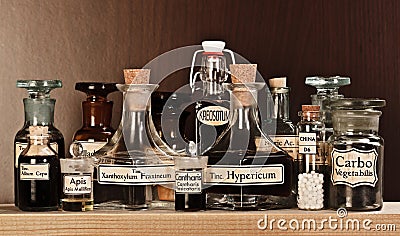 Various pharmacy bottles of homeopathic medicine Stock Photo