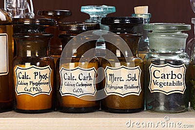 Various pharmacy bottles of homeopathic medicine Stock Photo