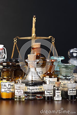 Various pharmacy chemicals of homeopathic medicine Stock Photo