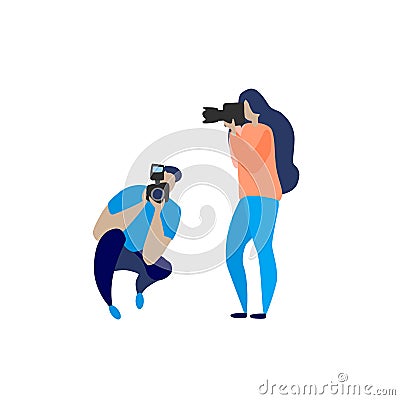 Various photographers holding photo camera and photographing. Creative profession or occupation. Cute female and male Vector Illustration