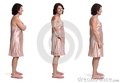 Various photos of the same woman with nightgown on white background, side view Stock Photo