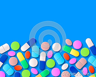 Various pills, tablets and capsules on blue background Vector Illustration