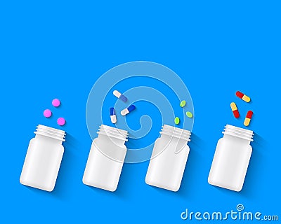 Various pills, tablets and capsules with white bottles on blue background Vector Illustration