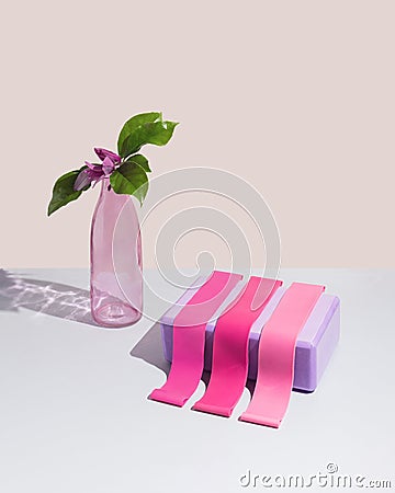 Various pink fitness elastic bands and purple yoga block on pastel beige background. Glass bottle and beautiful magnolia flower. Stock Photo