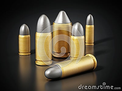 Various pistol bullets on black background. 3D illustration Cartoon Illustration