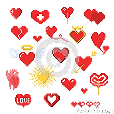 Various pixel heart icons isolated on white, Valentines day decor in pixel art style Vector Illustration