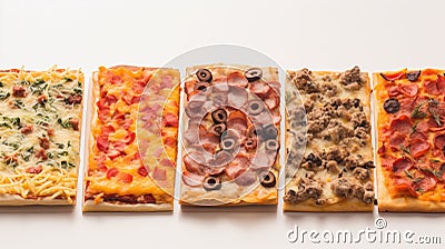 Various pizzas in a row, on a white background. Traditional Italian cuisine. AI generated. Stock Photo