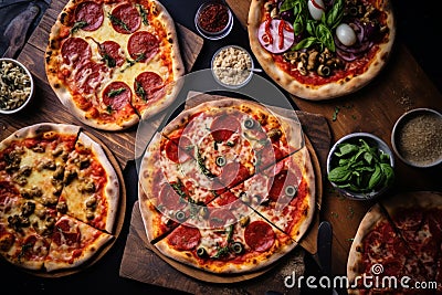 Various pizzas on the table, Pizza Fest Stock Photo