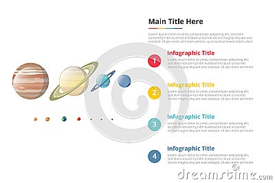 Various planet in galaxy size comparison infographics template with 4 points of free space text description - vector illustration Stock Photo