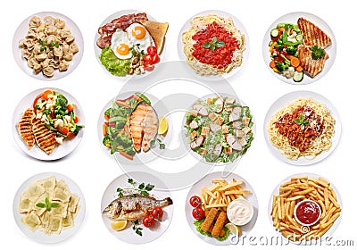 Various plates of food isolated on white background, top view Stock Photo