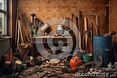 various plumbing tools near a damaged water pipe Stock Photo