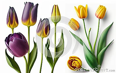 Various purple yellow tulips in front of a white background 3D effect Stock Photo