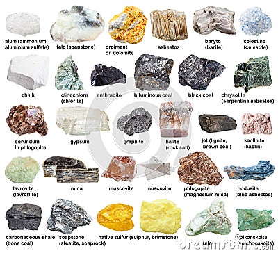 Various raw mineral stones with names isolated Stock Photo