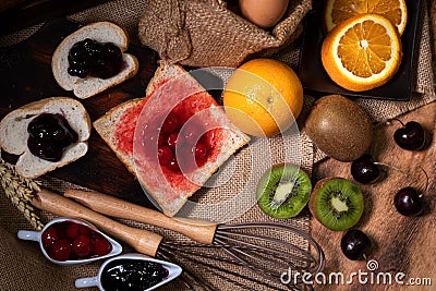 Various recipes and cooking equipment dessert fruits placing together Stock Photo