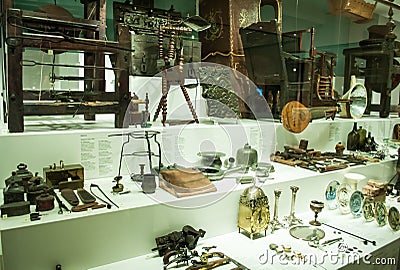 Various retro objects displayed in showcases in London Science Museum Editorial Stock Photo