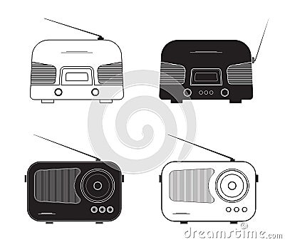 Various retro radio receivers. Silhouette flat design Vector Illustration