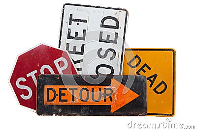 Various road signs on a white background Stock Photo