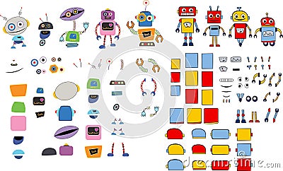 Various robots and spare parts Vector Illustration