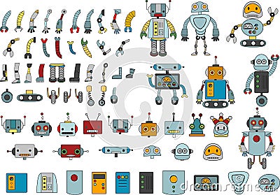 Various robots and spare parts for your own robot Vector Illustration