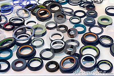 Various rubber products and sealing products at the exhibition stand Stock Photo