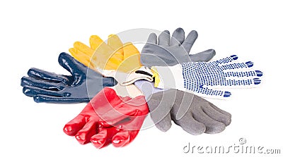 Various rubber worker gloves. Stock Photo