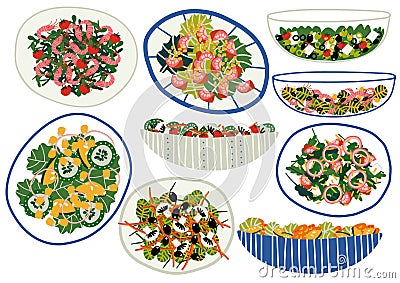 Various Salads Set, Appetizing Healthy Dishes with Fresh Vegetables, Mushrooms, Shrimps, Olives, Salad Leaves Vector Vector Illustration