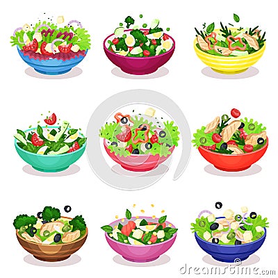 Various salads set, vegetable, fish and meat salad, healthy eating concept vector Illustrations Vector Illustration