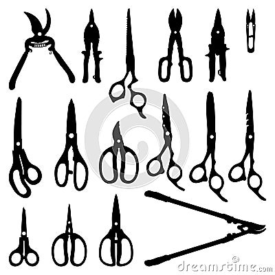 Various Scissors Shears for Hair Cut Paper Garden Zinc Sewing Silhouette Vector Illustration