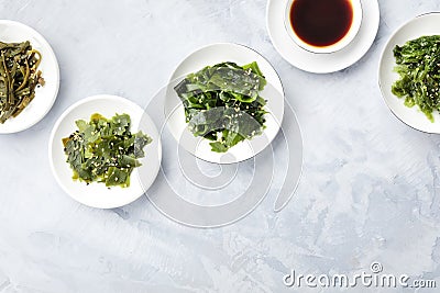 Various seaweed, sea vegetables, shot from above with copy space Stock Photo