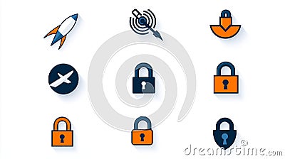 Various security themed icons including locks and shields are displayed in grid pattern design features modern and sleek style Stock Photo