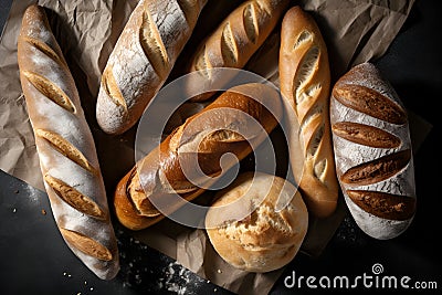 Various sets of white bread on a dark table. Loaves and baguettes. Fresh baking concept Generated AI Stock Photo