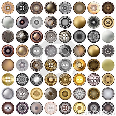 Various sewing buttons isolated on white. Mega set of realistic metal round button set. 3d illustration. vector. Vector Illustration