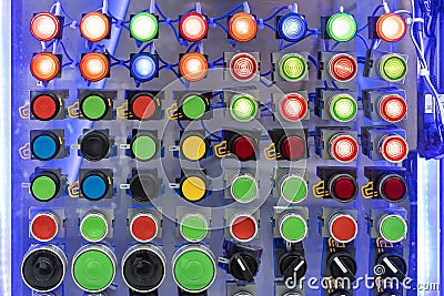 Various shape and colorful push button such as dial switch pilot lamp etc of electric control for manufacturing machine in Stock Photo