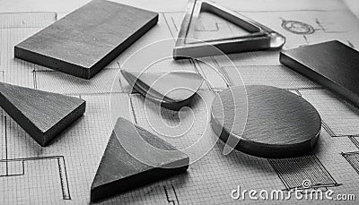 Various shapes and forms on a design sheet, representing structure, design, and organization Stock Photo