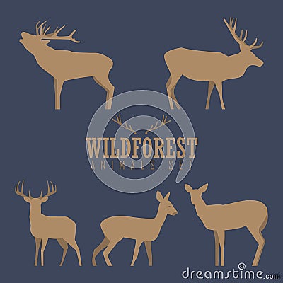 Various silhouettes of deer isolated on white background, christmas deers Vector Illustration