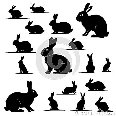 Various silhouettes easter bunnies isolated on white background. Set different Stock Photo