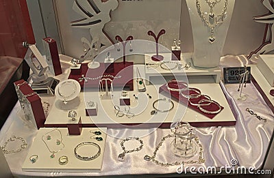 Various silver jewelry on display at exhibition Stock Photo