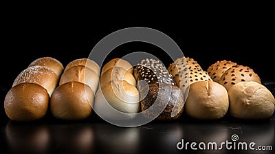 Various small fresh buns with a sprinkle of seeds in a row, black background isolate. AI generated. Stock Photo