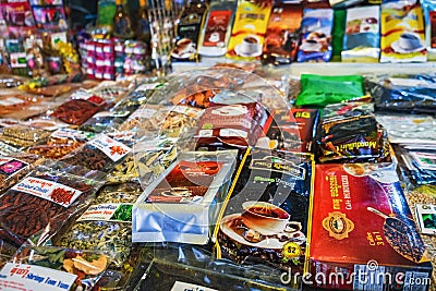 Various sorts of Cambodian herbal dried tea and coffee Editorial Stock Photo